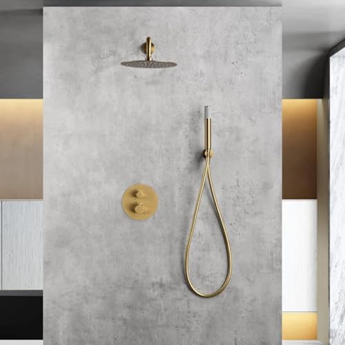 IMEX - Colonne de Douche Encastrée Thermostatique Salle de Bain Or Brossé | Colonne Douche Encastrable Laiton Dorée | Pommeau Douche Anti Calcaire en Acier Inoxydable S.304 | Série Monza