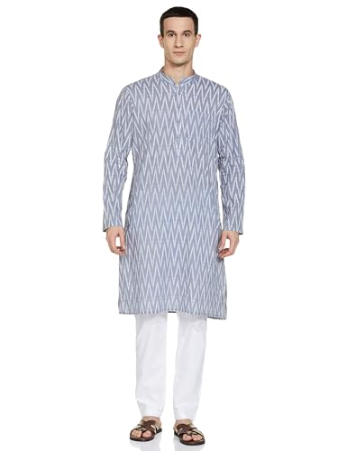 Image of See Designs Grey & White Cotton Regular Fit Mandarin Collar Printed Kurta Set