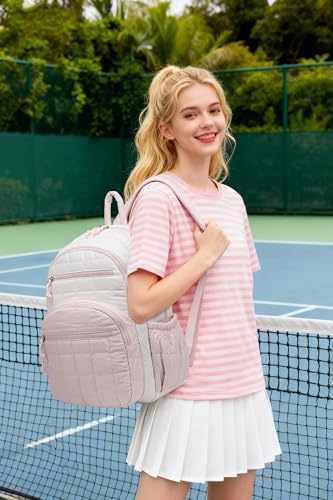 Image of Bookbag for Women, Teen Girls Backpack for High School College Student, Puffer Quilted Back Pack Cute Laptop Backpack for Work Travel Mom Casual Daypack, Beige Pink