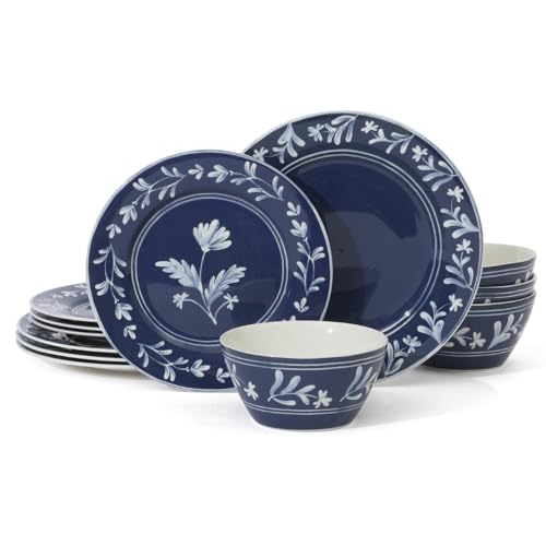 Martha Stewart Maiden Crown 12-Piece Sky Blue Dinnerware Set – New Bone China Ceramic Plates & Bowls – Floral Design – Service for 4 – Microwave & Dishwasher Safe