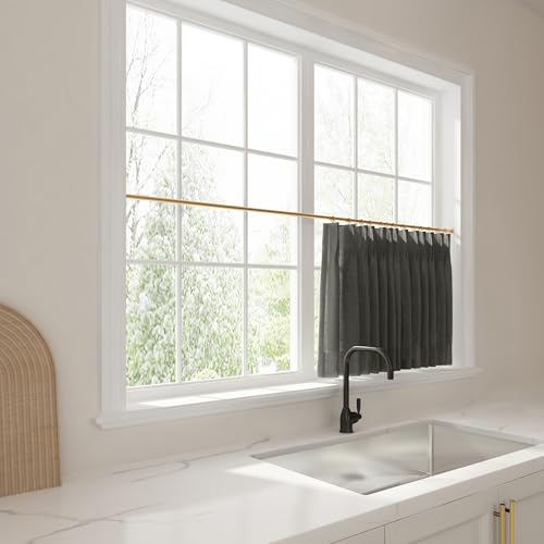 Image of TWOPAGES 26 inch inch W x 45 inch inch L Linen Blend Cafe Curtains for Kitchen Window, Light Filtering Pinch Pleated Tier Curtains, Modern Farmhouse Half Window Curtains for Small Window, Carbon Grey, 2 Panels