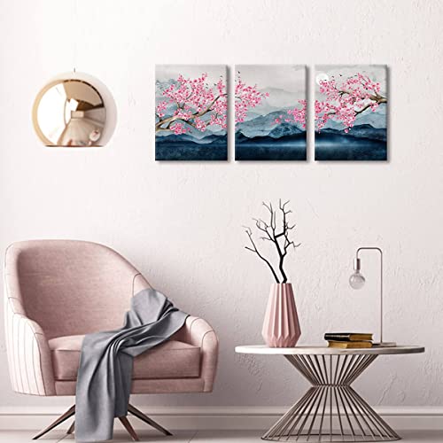 Japanese Wall Art Cherry Blossom Tree Pictures For Wall Decorations Pink Wall Decor Floral Wall Pictures For Bathroom Canvas Art For Bedroom Framed 12X16Inchx3Pcs #TOP2
