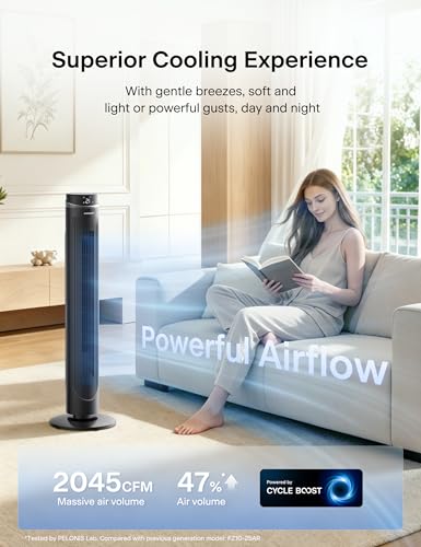 Image of PELONIS 42-Inch Tower Fan with 90 Oscillation, DC Motor Standing Fan with Remote Control & LED Display, 12 Speeds & 24H Timer, Quiet Cooling Fan for Bedroom Home Office