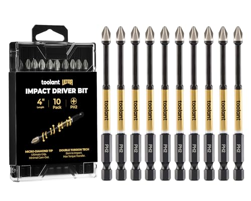 Image of toolant PH2 Phillips Impact Bit Set, 4 Inch, 10-Piece, Magnetic | S2 tool steel construction, precision-machined tips, anti-slip profile, magnetic retention, impact-driver use