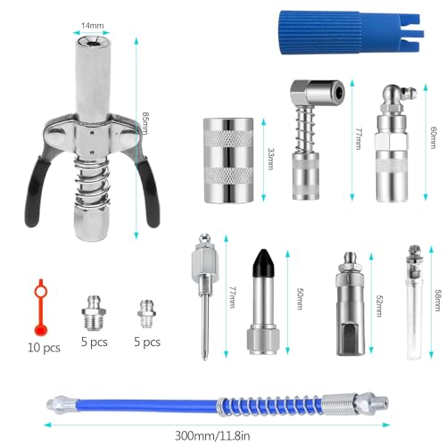 31 Stück Fettpresse Adapter Set, Eisen, mit 30cm Schlauch Fettpresse und Aufsatz Schmierpresse Anschluss 8 Typen, Vielseitige Produkte, Passend für die Meisten Fettpressentypen (Silber)