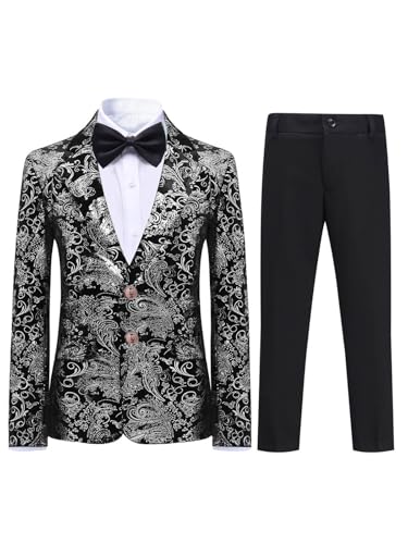 Image of Boys Jacquard Suits Slim Fit Tuxedo Suit Notch Lapel 2 Pieces Suit Set Jacket Pants for Party Formal Wear