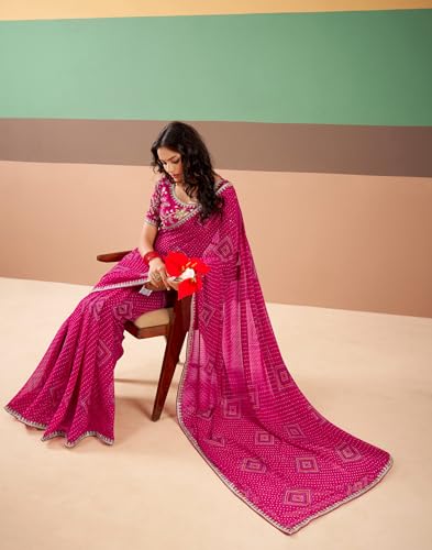 Image of SIRIL Women's Georgette Bandhani Printed, Embroidery Lace Saree With Unstitched Blouse Piece