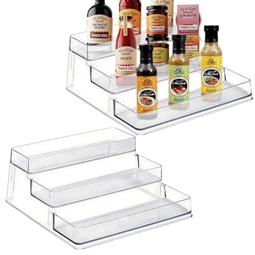 Clear 3-Tier Spice Rack, 2 Pack Acrylic Spice Organizer for Cabinet, No Assembly Spice Rack Organiser for Condiment, Seasoning, Deep Kitchen Storage for Inside Cupboard