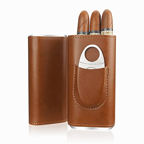 Cgaplus 3-Finger Leather Cigar Case With Cutter Cedar Wood Lined Cigar Humidor Portable Travel Cigar Case(Brown) #TOP2