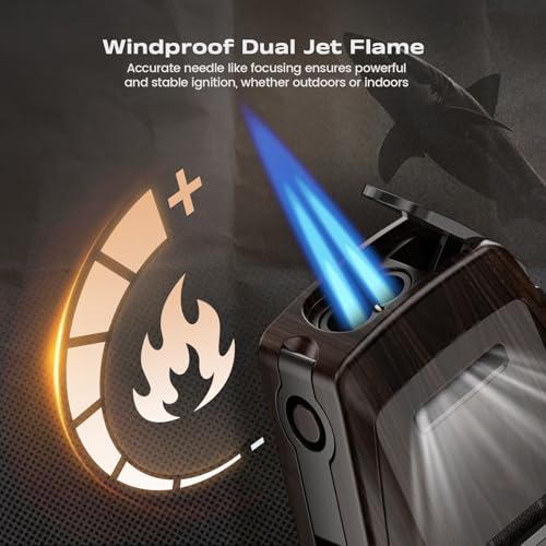 Dual Jet Torch Lighter, with Holder, Built-in Multi-use Tool, All-in-one Multifunctional Accessories Gifts for Men, Windproof Adjustable Butane Refillable Lighters for Travel (Without Gas) - Image 2