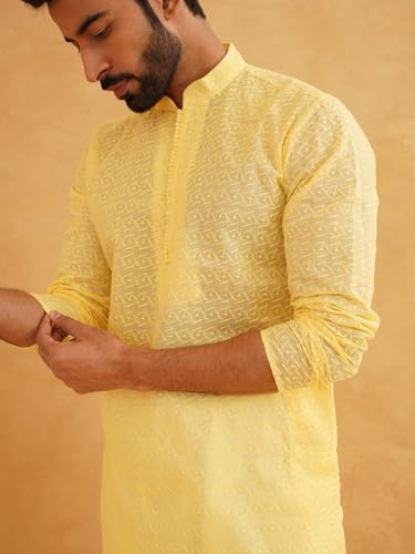 Image of SOJANYA (Since 1958 Men's Cotton Long Kurta with Geometric Embroidery - Straight Fit Diwali Festival Ethnic Outfit