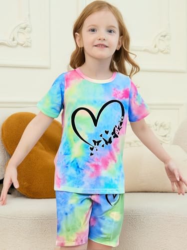 Image of Kids Girl Clothes Tie Dye Heart Print Short Sleeve Top and Shorts Toddler Girl Summer Outfits Short Set