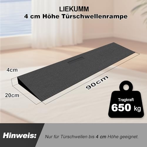 LIEKUMM Gummi Türschwellenrampe 4 cm Höhe, 650 kg Tragkraft Rollstuhlrampe, rutschfest Schwellenrampe für Türschwellen, Bordsteine, Stufen, Rollator, Scooter, Kinderwagen
