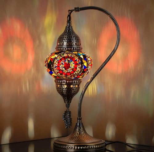 DEMMEX Turkish Moroccan Table Lamp, Swan Neck Tiffany Style Mosaic Glass Table Desk Bedside Lamp for Bedroom, Living Room – Handcrafted in Turkey, LED Bulb Included, Multi