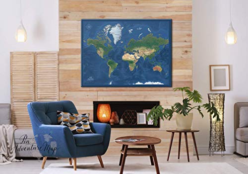 Modern World Satellite Wall Map With Push Pins | Push Pin Travel Map On Canvas | Personalized World Map With Pins | 24" X 32" Up To 40" X 53" #TOP2