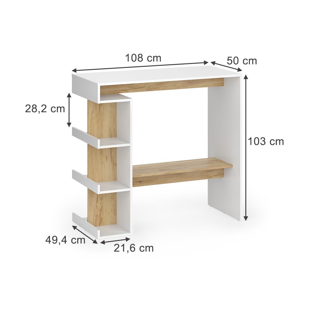 Vicco Bartisch Dana, Weiß/Goldkraft Eiche, 108 x 50 cm, mit offenen Ablagen zur Nutzung als Stehtisch