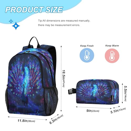 ALAZA Neon Coloured Peacock Kids Backpack Elementary Girls Boys Bookbag Rucksack Primary School Bag Backpack Set with Lunch Bag2