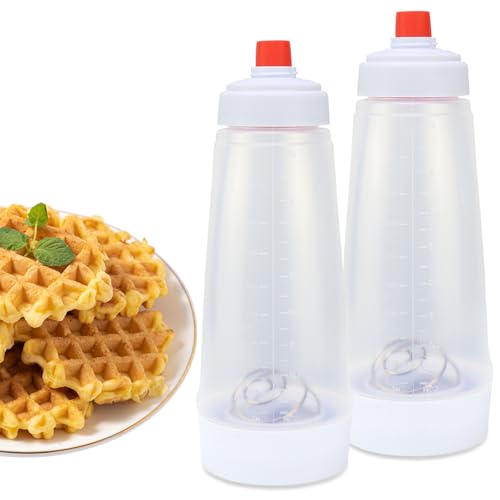 2 Pack Pancake Batter Dispenser with BlenderBall and Wire Whisk, 33 Oz Silicone Squeeze Pancake Mix Dispenser, Kitchen Pancake Batter Dispenser Bottle for Waffle Cupcakes Muffins Crepes Qata