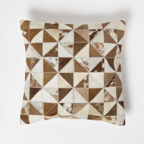 HOMESCAPES Cream & Brown Leather Cushion 45 x 45 cm Diamond Hide Check Cushion With Suede Reverse Real Leather Modern Accent Pillow for Sofa Cushion Insert Included