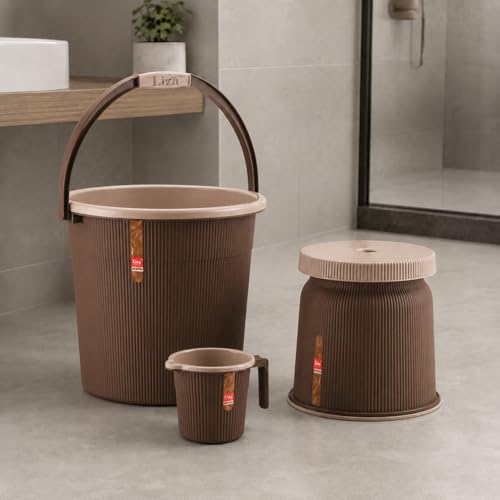 Image of Plastic Bathroom Set with Mug Patla /Stool | Bath Accessory Set (25 Liter Bucket+ 1 Liter Mug+Big Stool) (Dark Brown)