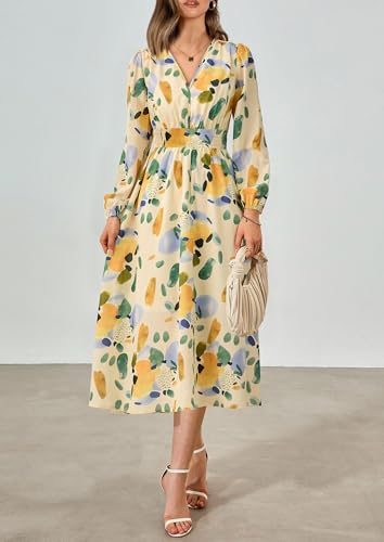 PRETTYGARDEN Women's Floral Midi Dress Casual Fall V Neck Long Sleeve Flowy Spring Beach Wedding Guest Vacation Dresses