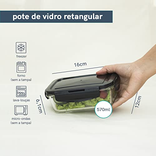 Pote 570ml de Vidro com Tampa Colorida Retangular Hermético - Oikos