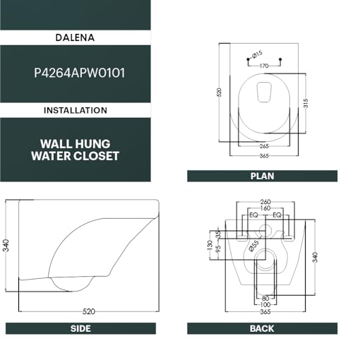 Image of Johnson Dalena Wall Mounted Closet with Soft Close Slim Detachable Seat Cover (PP) | 520x365x340mm | Round Shape | Washdown Flushing | White Colour | 25 Kg | 10 Years Warranty (P0414PW0022)