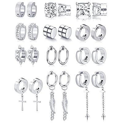 12 Pairs Magnetic Stud Earrings Stainless Steel CZ Hoop Punk Feather Dangle Hinged Non-Piercing Earrings Clip on Magnet Earring Set for Women Men Silver Plated