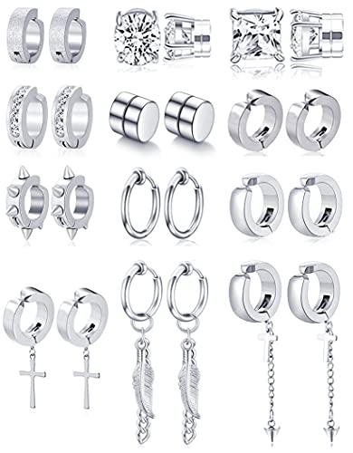 12 Pairs Magnetic Stud Earrings Stainless Steel CZ Hoop Punk Feather Dangle Hinged Non-Piercing Earrings Clip on Magnet Earring Set for Women Men Silver Black Tone