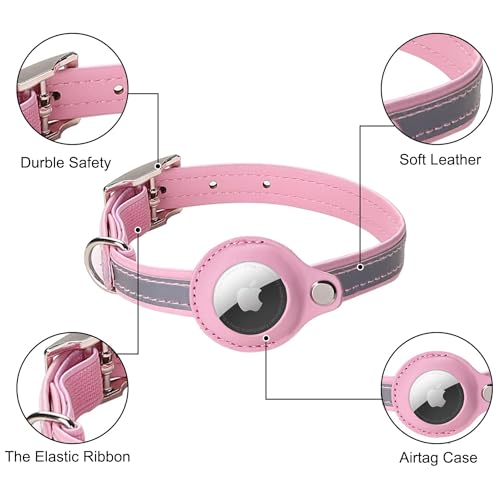 MouyouGlow Airtag Cat Collar,Leather Cat Airtag Collar with AirTag Holder Compatible with Apple Airtag,Breakaway Reflective Collar for Kitten Puppy (XS) Pink - Image 2