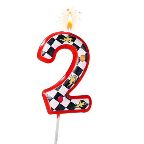 Vela Cumpleaños Temática Carreras, Vela Números a Cuadros Rojos Negros y Blancos Primera Calidad Ideal para Baby Shower Cumpleaños Decoración Fiestas Carreras (Número 2)