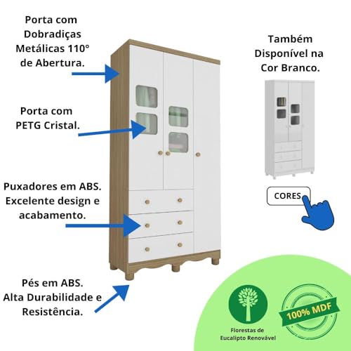 Quarto de Bebê Completo com Guarda Roupa 3 Portas Berço Americano Cômoda Uli 4 Gavetas Móveis Peroba