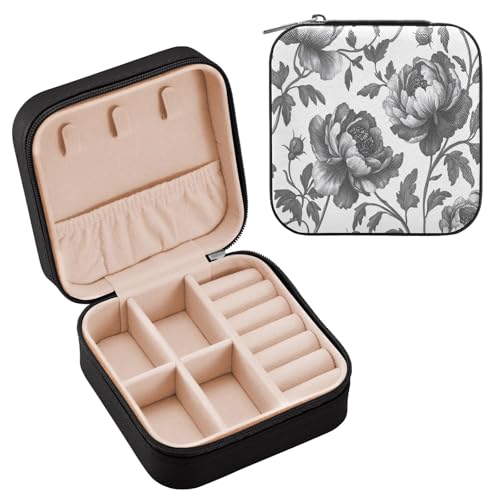 Ttgoth Joyero de peonía para mujeres y niñas, estuche portátil de viaje de piel sintética, joyero para anillos, aretes, collares, pulseras, organizador de joyas, 10 x 10 x 5 cm