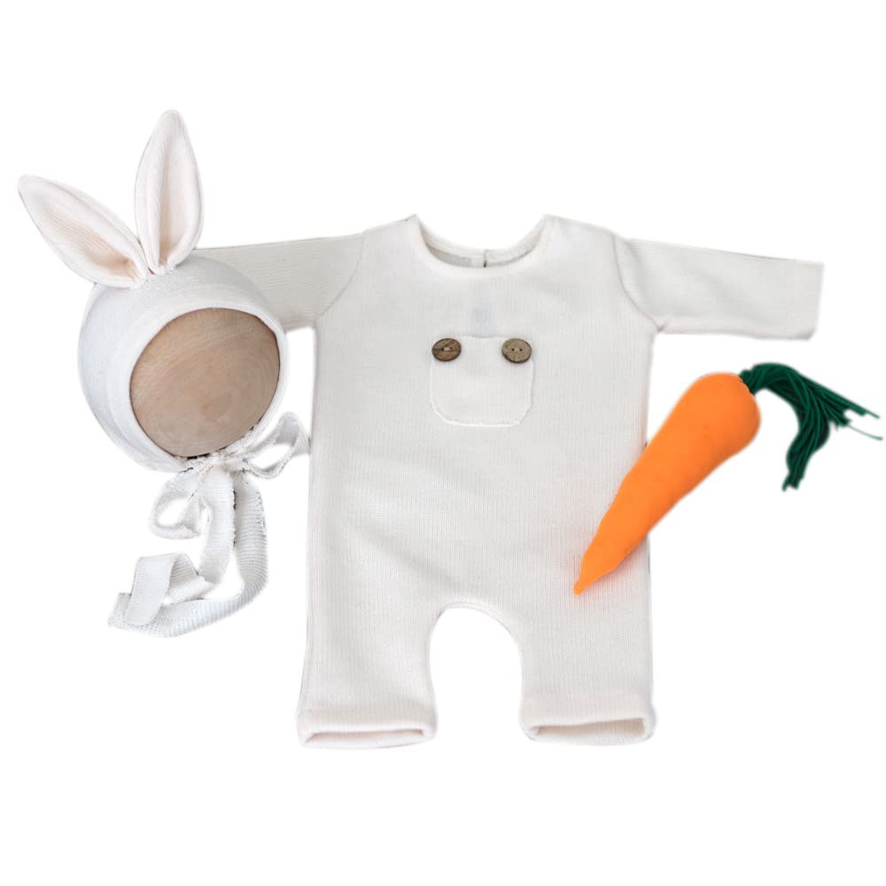 Surakey Newborn Baby Cute Jumpsuit with Rabbit Carrot Photo Prop Outfits for Boys Girls Knitted Romper Photography Costume (White)