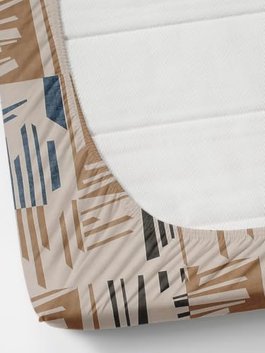 Image of Florida Brown Abstract Geometric Printed Elastic Fitted Bedsheet with 2 Pillow Covers, 150 TC Polycotton Bed Sheet (183 x 198 +25 cm)