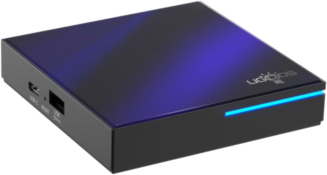 Ugoos SK2 TV Box front and side view su indikatorine lempute