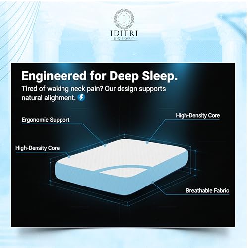 Image of Cervical Neck Support Pillow, High Density Memory Foam Contour for Sleeping, 50x30x6 cm, White and Sky Jacquard Shell, Orthopedic Bedding Cushion for Snoring Relief, Aligned Spine
