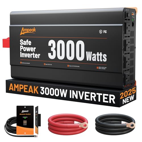 Image of Ampeak 3000W Power Inverter, Inverter 12V to 110V Modified Sine Wave, High Conversion Efficiency 89%,USB Port 18W PD 30W, 4 AC Outlets Inverter for Camping