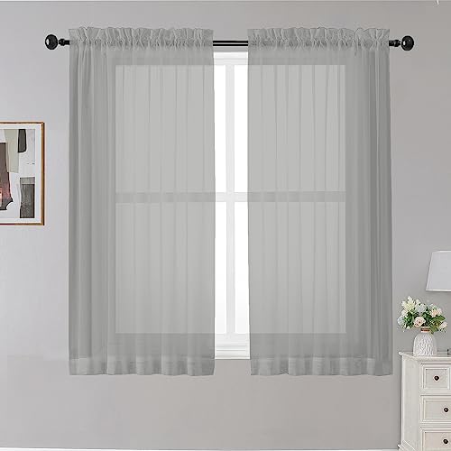 Image of OWENIE Sheer Curtains Grey 45 Inches Long, Light Filtering Tiers for Kitchen, Basement, Bedroom, Short Panels Rod Pocket 2 Panels, Cafe Small Window, 42 inch W x 45 inch L