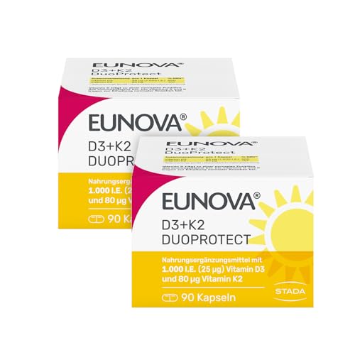 EUNOVA D3 + K2 DuoProtect – 1.000 I.E. Nahrungsergänzungsmittel zur normalen Funktion des Immunsystems & Erhaltung normaler Knochen 90 Kapseln (2 er Pack)