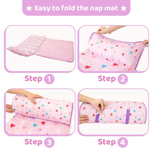 Image of Viviland Toddler Kid Nap Mat for Preschool, Girls Heart Slumber Bag, Purple Daycare Mats with Pillow and Blanket, Kindergarten Mat