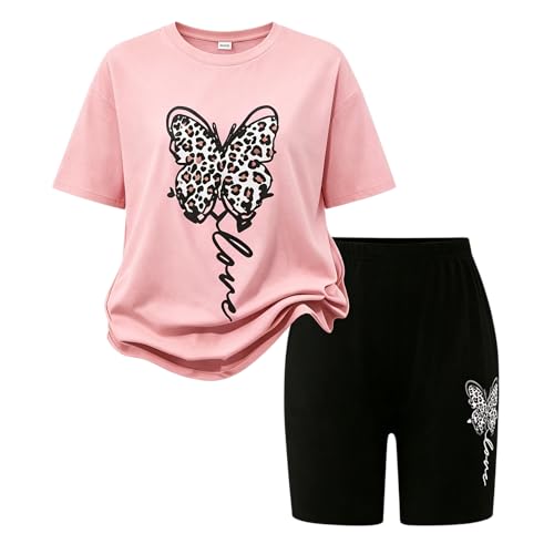 HSOXLQF Size 9-16 Years Tween Girls Summer Clothes Set Trendy Short Sleeve Butterfly Print Top + Shorts 2 Piece Outfits Size 15 16