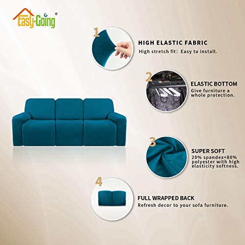 Image of Easy-Going 8 Pieces Microfiber Stretch Sectional Recliner Sofa Slipcover Soft Fitted Fleece 3 Seats Couch Cover Washable Furniture Protector with Elasticity for Kids Pet(Recliner Sofa,Peacock Blue)