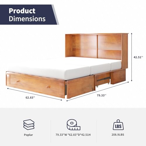 ijuicy Queen Size Murphy Bed, Queen Murphy Cube Cabinet Chest Bed with 3 Level Folding Memory Foam Mattress & USB Charging Station& Large Drawers (Russet Brown,Poplar) - Thumbnail 2