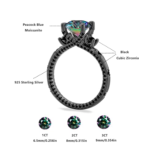 1-3 Carat Peacock Blue Round Cut Moissanite Engagement Ring for Women, 925 Sterling Silver Black Wedding Ring Jewelry2