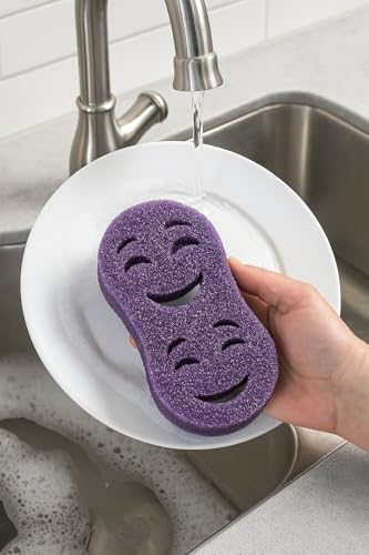 Image of Smilyeez Double-Size Scrub Moji Sponge 2-Pack - Dual Smiling Faces, Temperature-Responsive Scrubber - Scratch-Free, Odor & Stain Resistant - Yellow