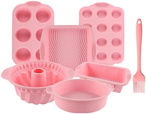Acidea Nonstick Silicone Bakeware Set, 7set Baking Cake Pan, Economical BPA Free Heat Resistant Bakeware Suppliers Tools Kit with Silicone Brush for DIY Loaf Bread Cheesecake Pizza Cupcake Muffin