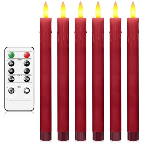 AnnSpa LED Candles Long Flameless Taper Candle 6 Set Battery Operated Flickering Taper Candle Electric 3D Wick Long Candle Stick for Halloween Christmas Decorations, Wedding, Remote and Timer - Red