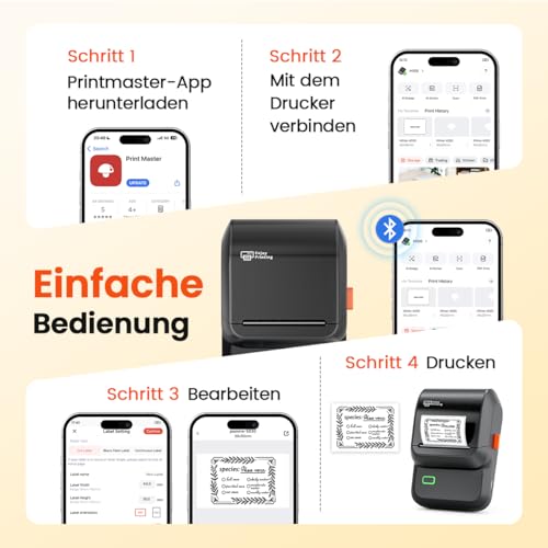 Memoking Etikettendrucker Selbstklebend, Beschriftungsgerät Bluetooth Label Printer Aufkleber drucker mit 2000 Symbolen und 300 Vorlagen, Label Maker für Einzelhandel, kleine Unternehmen, Schule, Heim