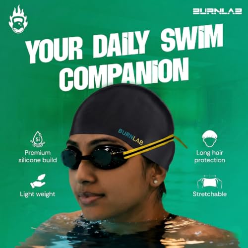 Image of Burnlab Silicone Swimming Cap for Long Hair, Comfortable Fit for Pool Use, Adult (Black)